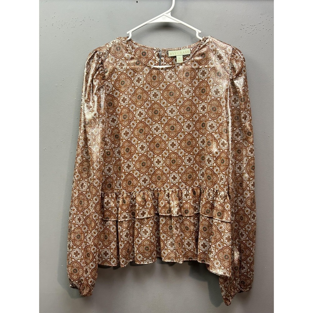 Ryegrass Blouse Womens Large Brown Gold Tile Print Metallic Tiered Peplum Top